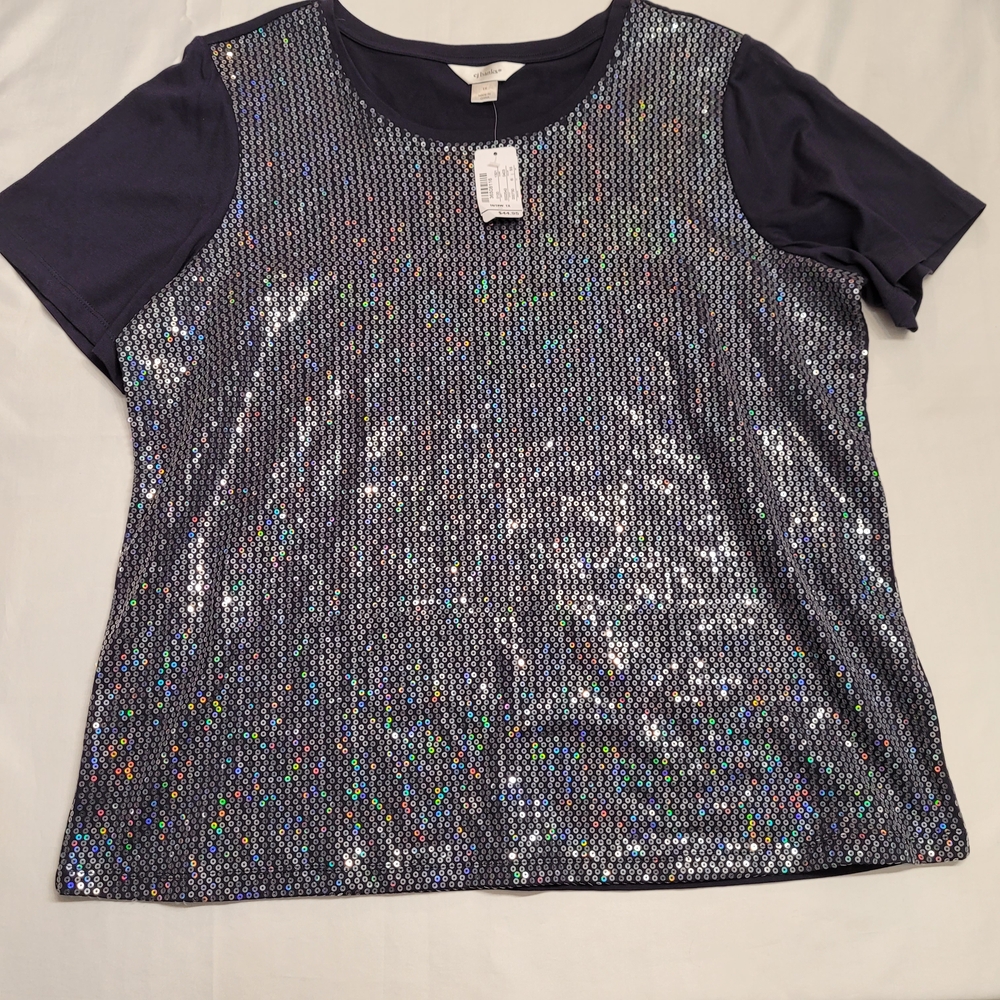 CJ Banks Navy Sequin Front Top | Women’s 1X (16/18W) | NWT